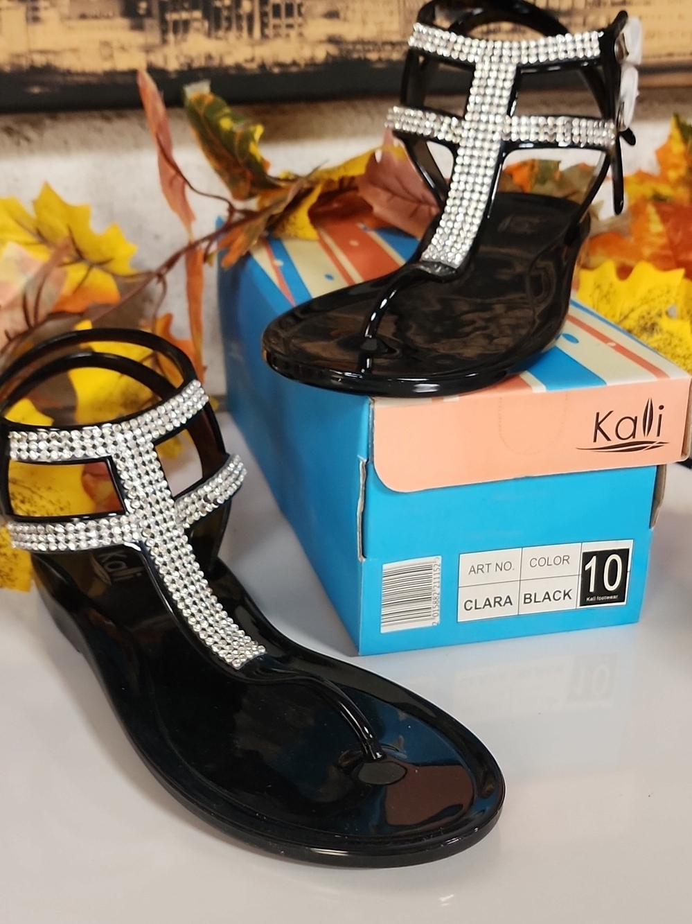 Kali Black Patent T-Strap Sandals with Rhinestone Embellishment